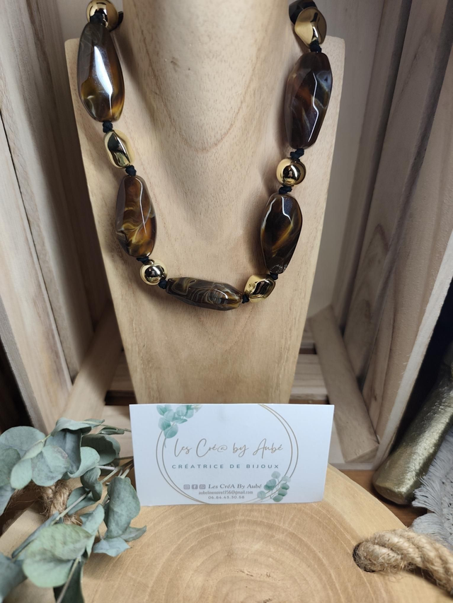 BIG COLLIER PERLES OVALES MARRON 0000660