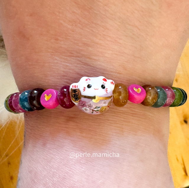 Bracelet Maneki Neko en perles, pierre : tourmalines