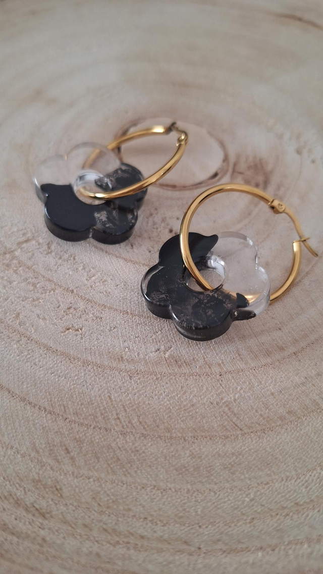 Créoles fleurs noires et transparentes 