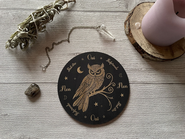 🖤🌙 Planche de divination au pendule – Chouette &amp; Lune – Bois Noir Gravé
