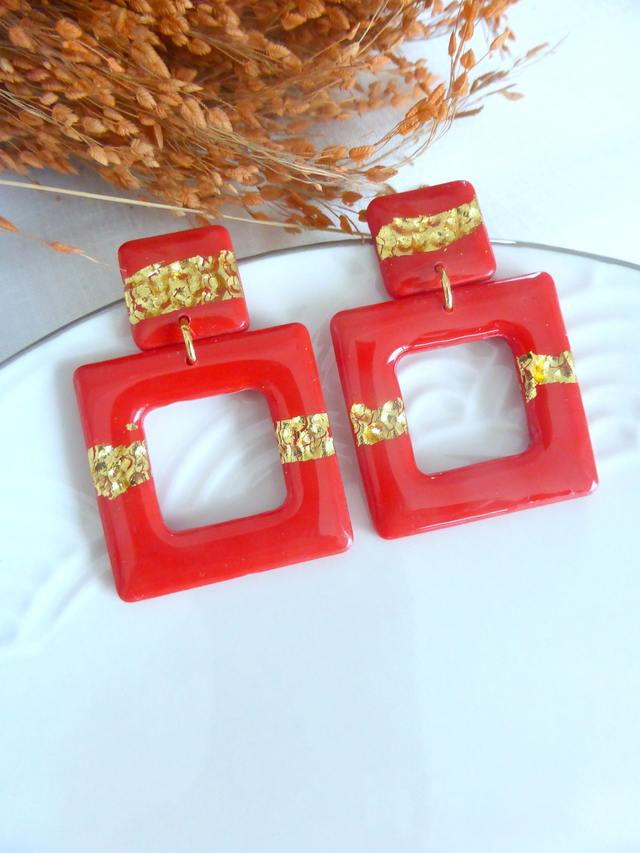 Boucles d'oreilles carrées rouges - Nuit dorée