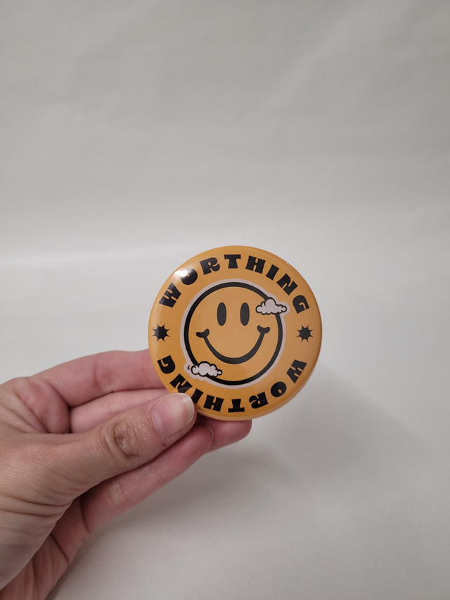 Large Yellow Happy Face Worthing Badge - 58mm - JP-154