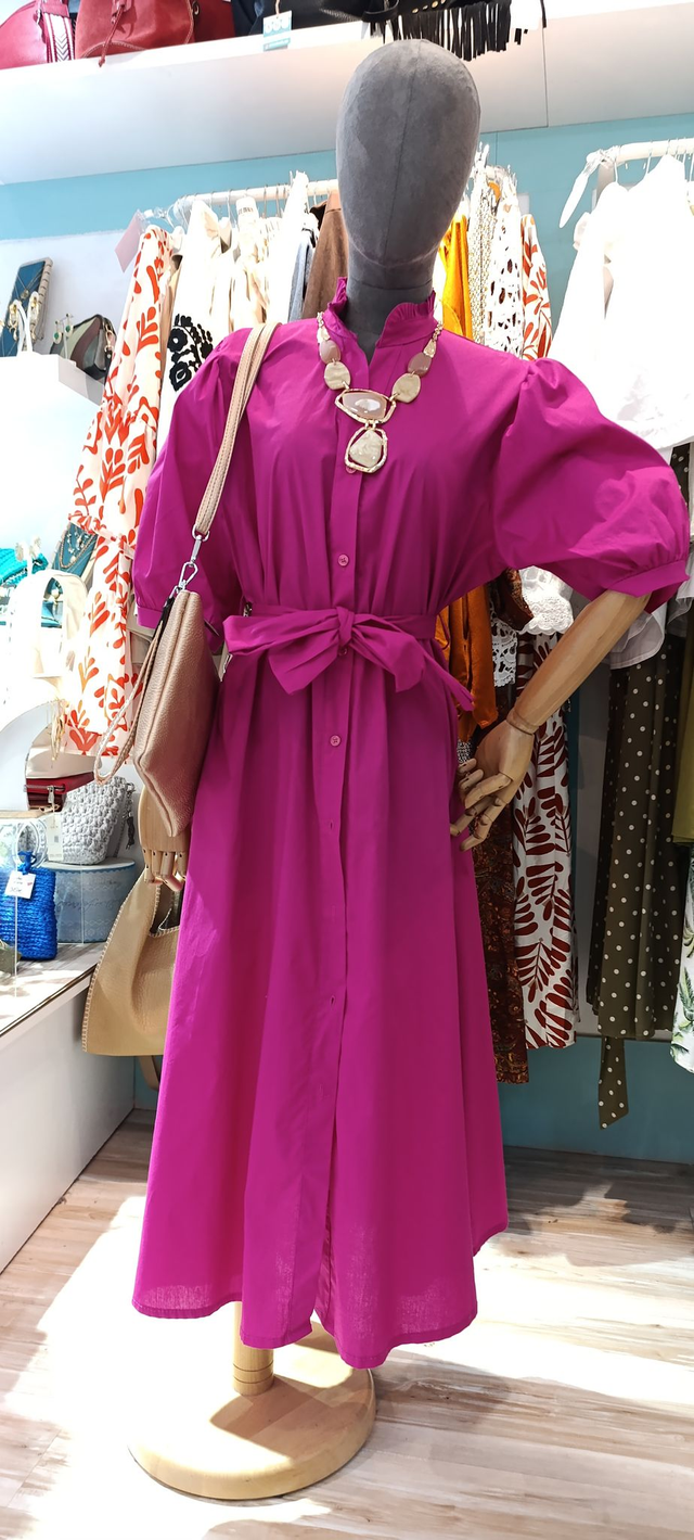 Vestido camisero liso manga abullonada 