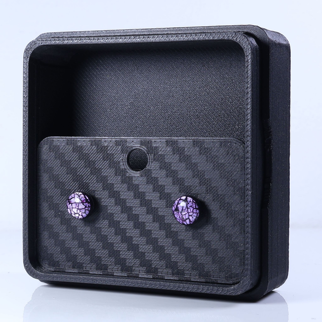 Hypoallergenic Vibrant Electric Cracked Lavender Purple Polymer Clay Plastic Back Stud Earrings With Designer Carbon Fiber Jewellery Box