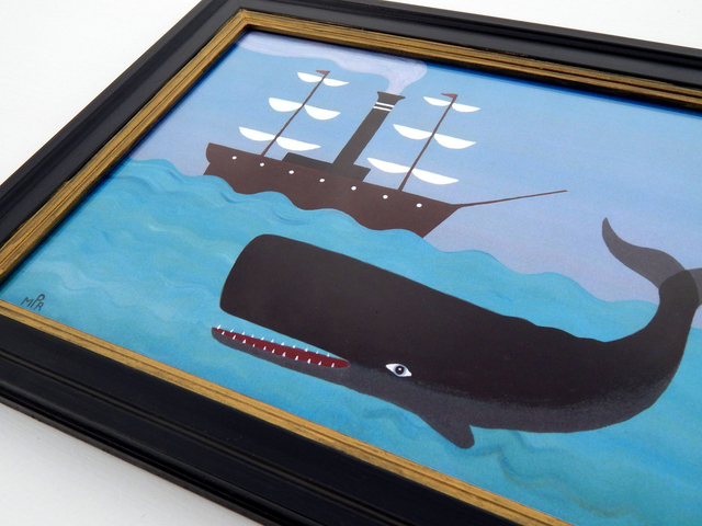 Framed Fine Art Print Naive Sperm Whale With Early Steamship