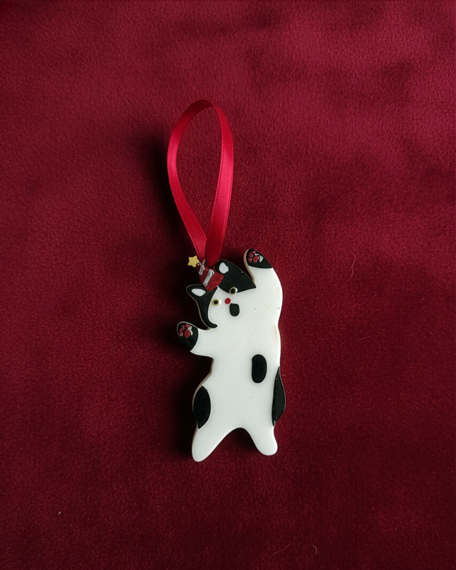 Handmade Climbing Cat Ornament | Black and White Christmas Decoration for Cat Lovers