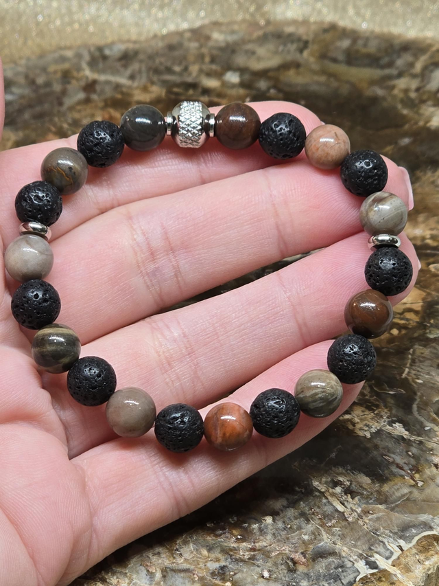 Bracelet Pierre de lave et Bois fossilisé en 0,8 cm
