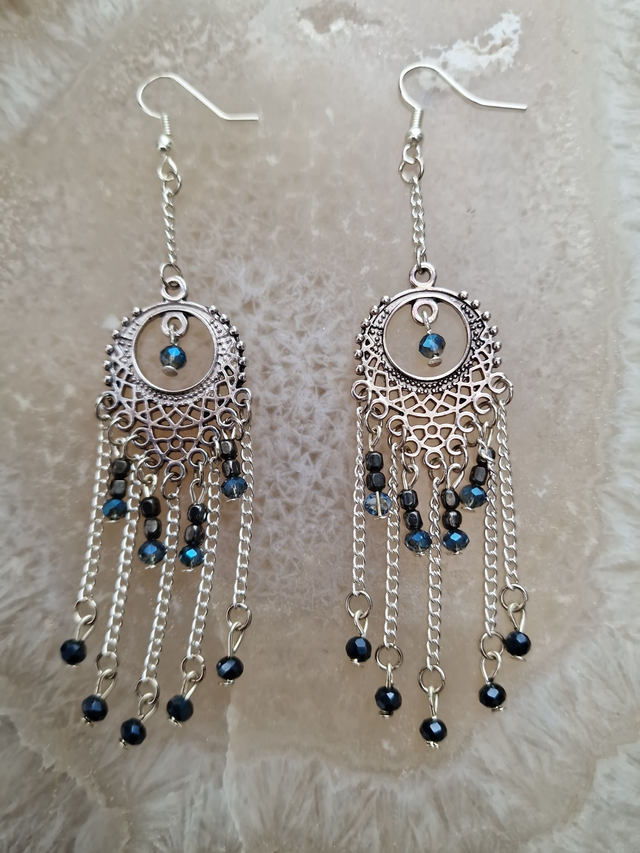 Boucles D'oreilles Chandelier Bohème Argenté Perles Cristal