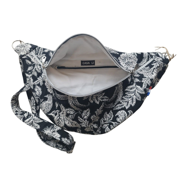 Sac banane en tissu jacquard noir motifs blancs