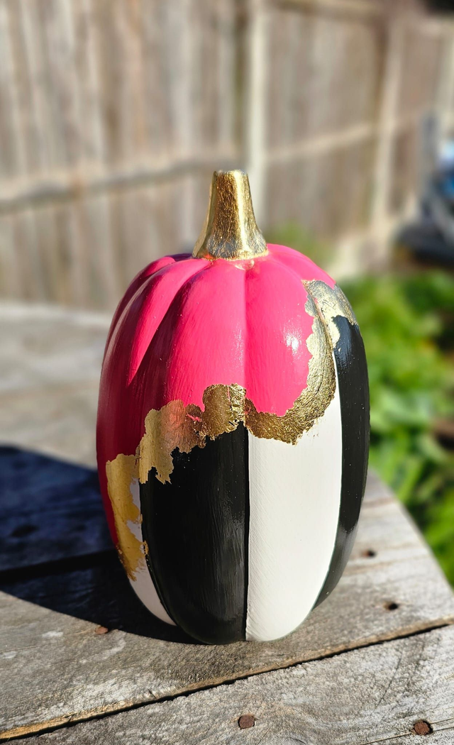 Black, White, Pink &amp; Gold Ceramic Pumpkin - Stripes