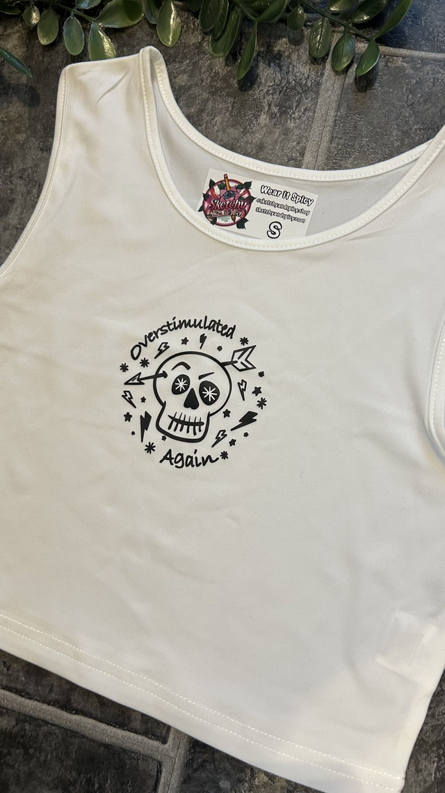 Overstimulated Again White Crop Vest – Alt Graphic Tank Top with Skull Print | Stretchy Fit Sizes S‑XL