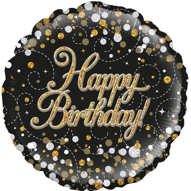 18" ROUND SPARKLING FIZZ BIRTHDAY BLACK &amp; GOLD HOLOGRAPHIC FOIL