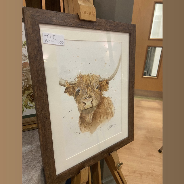 Original ‘Hamish’ highland cow painting in dark wood frame 