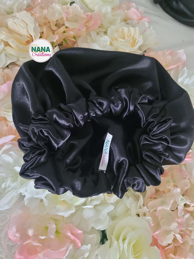 Bonnet en satin américain réversible noir | Protection cheveux nuit | Anti-frisottis | Tailles S, M, L | Double épaisseur fait main