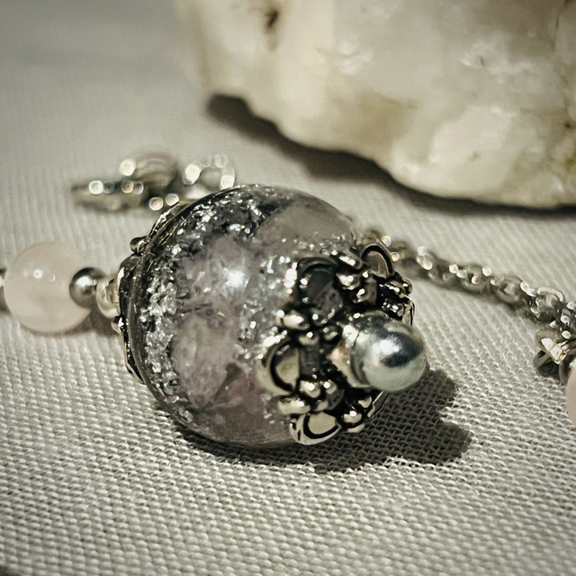 Crystal Energy Sphere Drop Pendant with Rose Quartz/metal shavings & infinity symbol