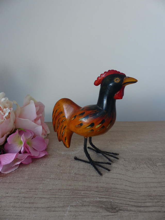Figurine petit coq poule en bois et métal, poulet ferme animal sculpté en bois, décoration cuisine de campagne, collection oiseau en bois