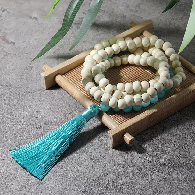 Mala hout amazoniet | Edelsteen | wit blauw | 108 kralen ketting met kwastje | Meditatie Yoga