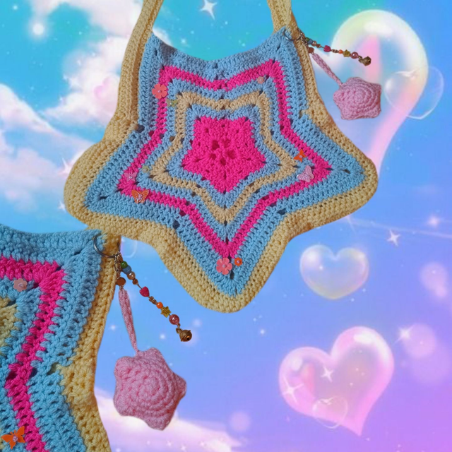 Blue Tamagotchi crochet star bag