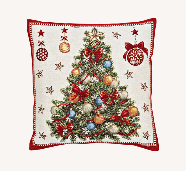 Kussenhoes kerstboomdecor beige/rood met rits