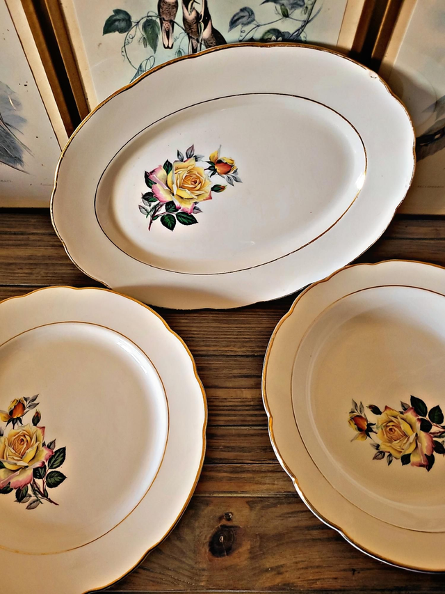 Plats Gien Gardanne, roses couleur jaune (1 oval, 2 ronds dont un creux)