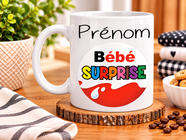 Mug Bébé Surprise avec Prénom – Une Idée Cadeau Originale, Colorée et Personnalisée pour Annoncer une Grossesse, une Naissance