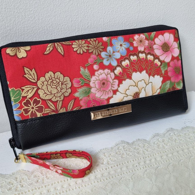 Portefeuille long zippé "Kanako" rouge & simili cuir noir
