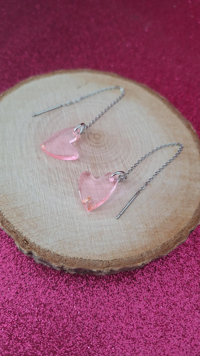 Boucles d'oreilles à enfiler argentées cœurs rose transparent et feuilles d'or 