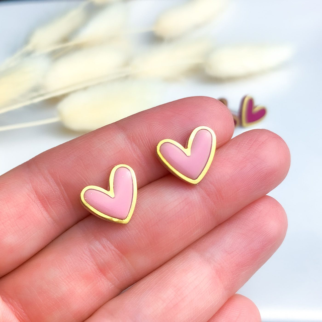 Dusty pink and brass heart stud earrings