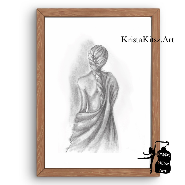 Vrouw in handdoek, tekenkunst ,  luxe kunstprint op fine art papier van originele tekening