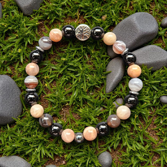 Bracelet Homme "Confiance en soi" : Tourmaline Noire, Agate Botswana &amp; Pierre de Soleil