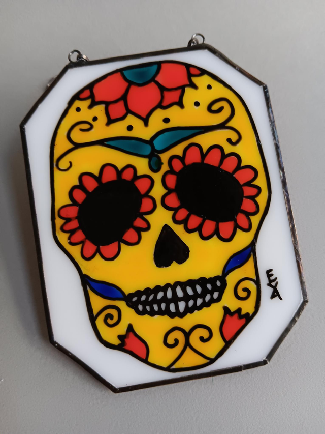 Stained glass Day of the Dead skulls