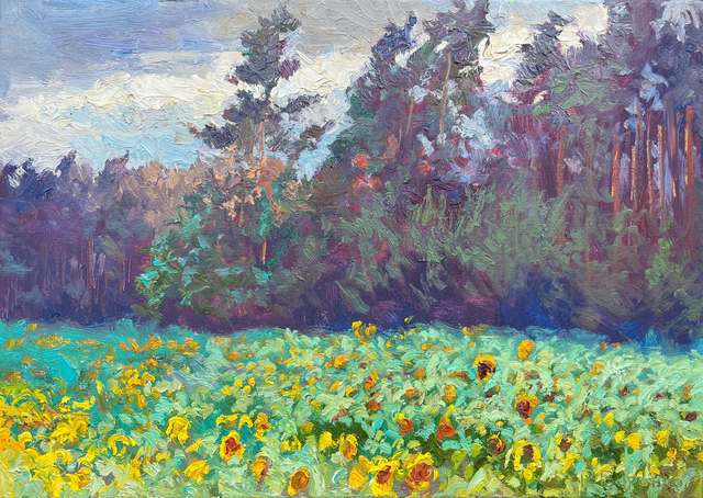 „Sonnenblumenfeld am Waldrand“ – Öl auf Leinwand, 50 × 70 cm, 2023 | Sunflower Field at the Forest Edge