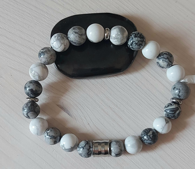 Howlite blanche et Jaspe Picasso gris