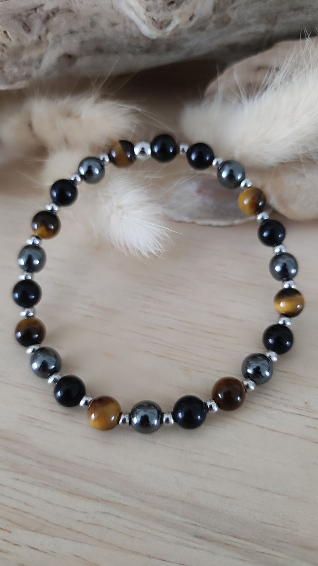 Bracelet "Triple Protection" Oeil de tigre, Hématite et Obsidienne