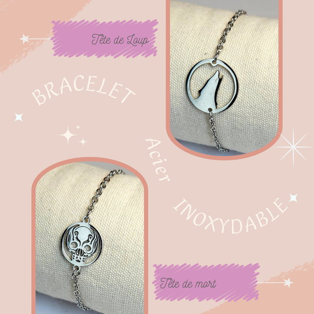 Bracelet en acier inoxydable - Tête de mort &amp; Loup &amp; Eléphant