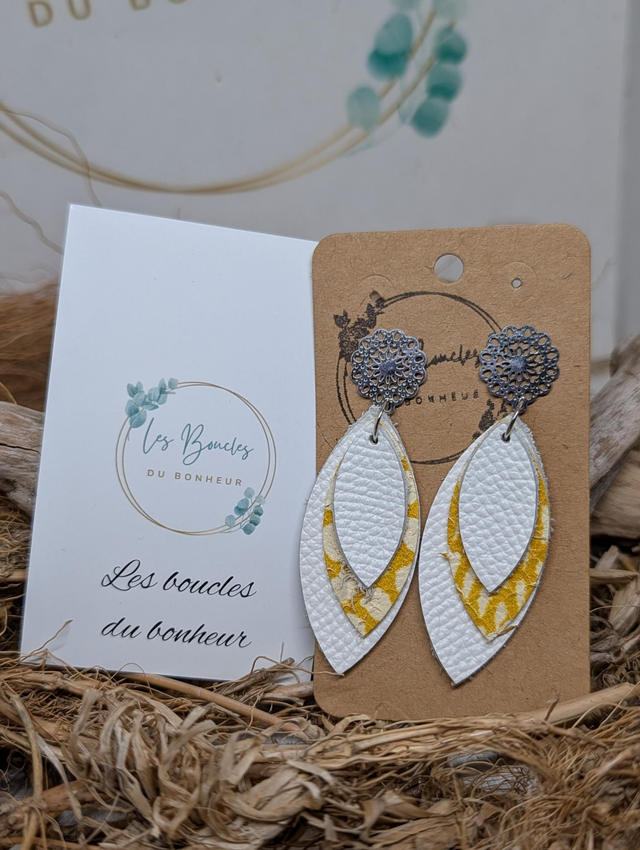 Boucles d'oreilles Feuille jaune blanc f079