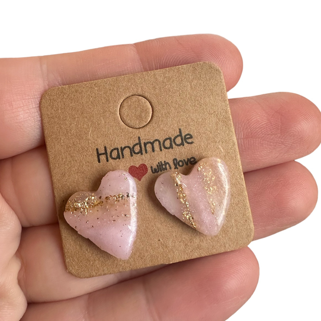 Pale Pink and Gold Shimmer Heart Stud Earrings 