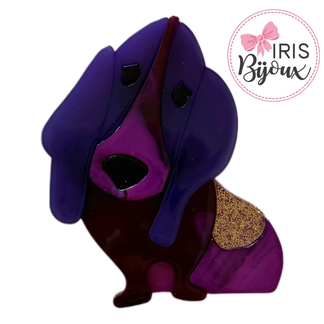 Spilla Basset Hound viola e fucsia 