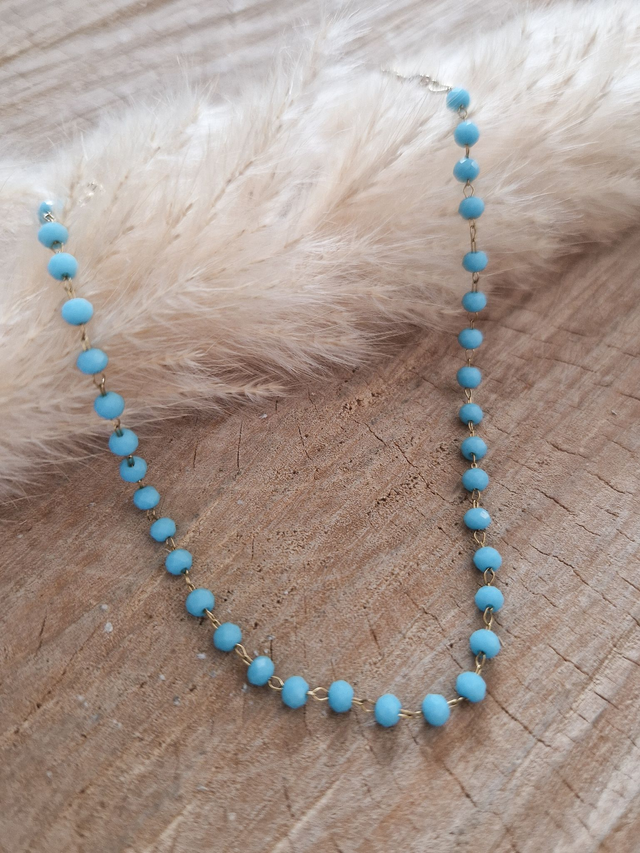 Chaîne de cheville perlée - Perles rondes - Modèle doré et bleu clair