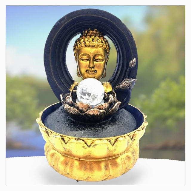 "Tête de Bouddha sur cercle" - Fontaine en résine 28 cm 