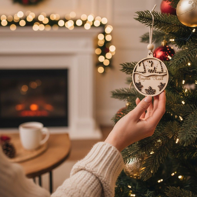 Boule de Noël en bois personnalisée - décoration de sapin gravée, déco Renne