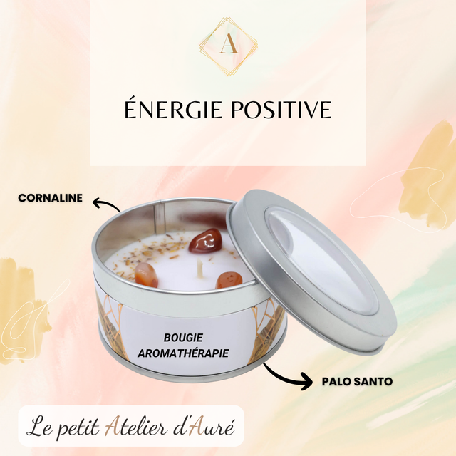 Bougie aromathérapie &quot;Énergie Positive&quot; - Cornaline &amp; Palo Santo
