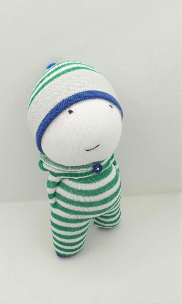 Doudou-chaussette vert et blanc