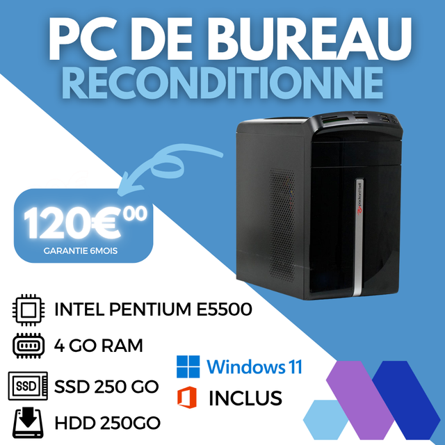 [RECONDITIONNE] - PC DE BUREAU AMD SEMPRON 145 - 4Go RAM - SSD 120 Go - HDD 1TO 