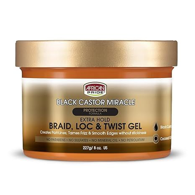 African Pride Black Castor Miracle Extra Hold Braid, Loc, Twist Gel 8oz