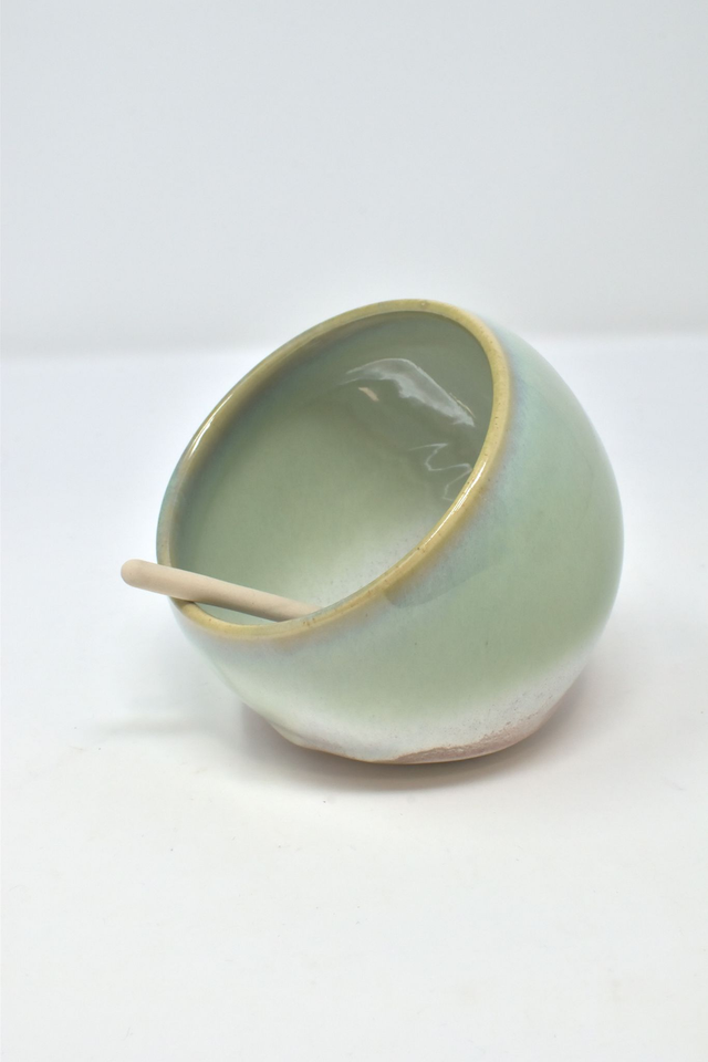 Salt Pig and Spoon - White Stoneware Coastline Green