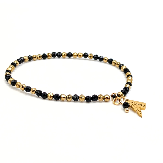 Bracelet Clara Joia Onyx à Facettes Acier Doré Breloque Plume