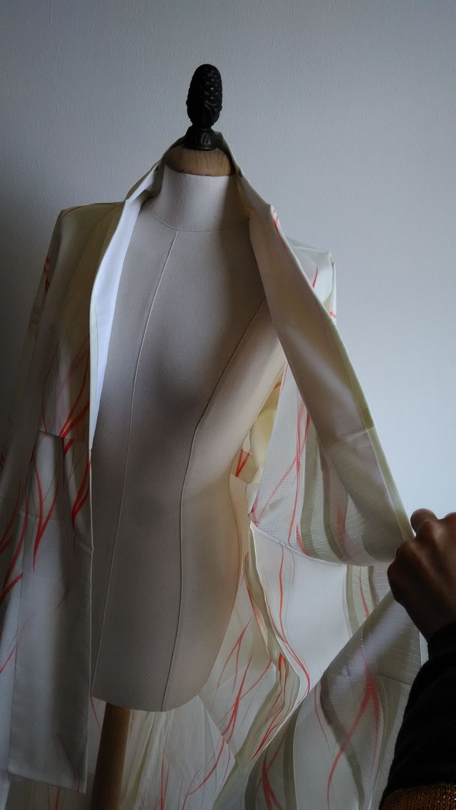 Cream Colour Vintage Japanese Kimono, Leaf Pattern Lightweight Kawaii Polyester Jacket Coat and Vintage Japanese Obijime Belt