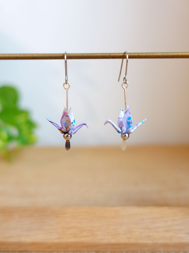 Origami oiseaux, grues / Inox + Argent / Papier japonais washi / Violet, Argent / Boucles d&#039;oreilles / Bijou origami /