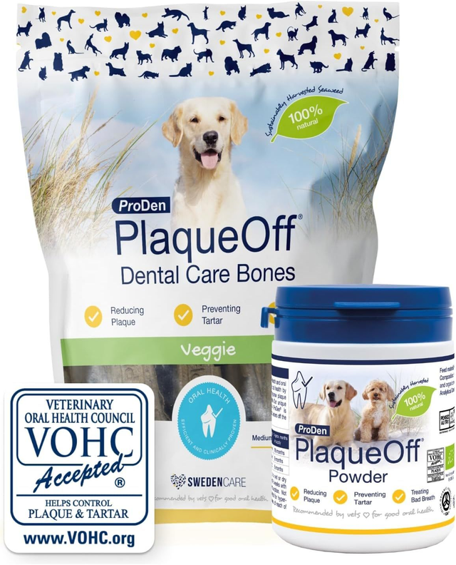 ProDen PlaqueOff 100% Natural Tartar &amp; Bad Breath Remover for Dogs 60g Dental Powder with dental Bones - Bundle for Healthy Teeth &amp; Fresh Breath
